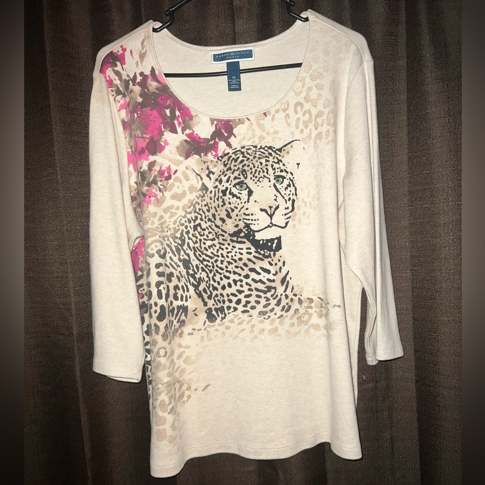 NWOT Studded Leopard Soft Top, 3/4 sleeve scoop-neck 1X Plus, Karen Scott blouse